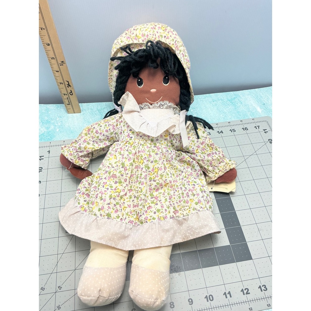 Vintage Cuddle Wit My Lovely Doll Black Rag Doll Floral Prairie Dress Bonnet 16"